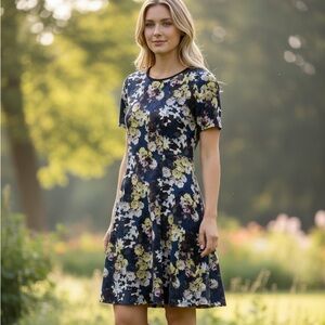 Monsoon Women's Midi Dress Size 10 Multi 100% Cotton A-Line Floral Beaded Collar